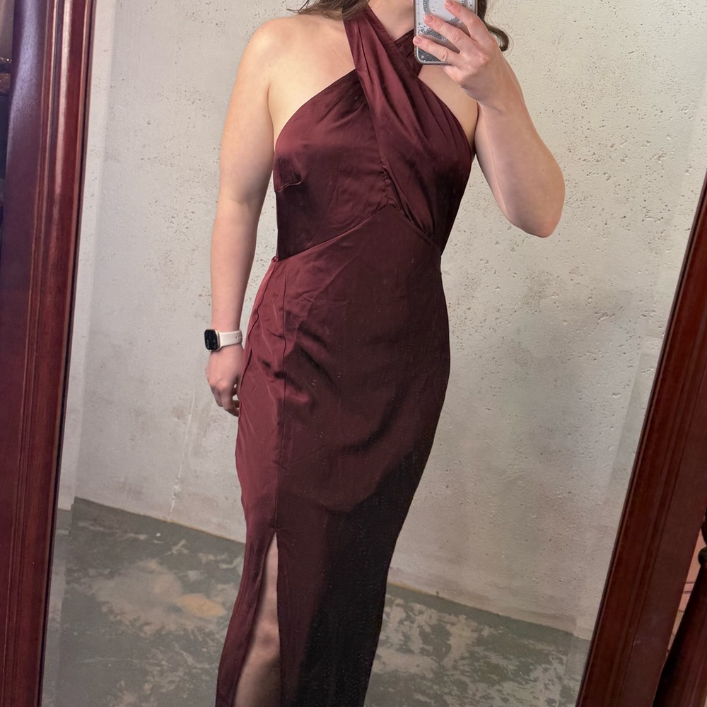 Astr The Label Marissa Satin Halter Neck Midi Dress in Deep Wine NEW Size Large - Picture 10 of 12